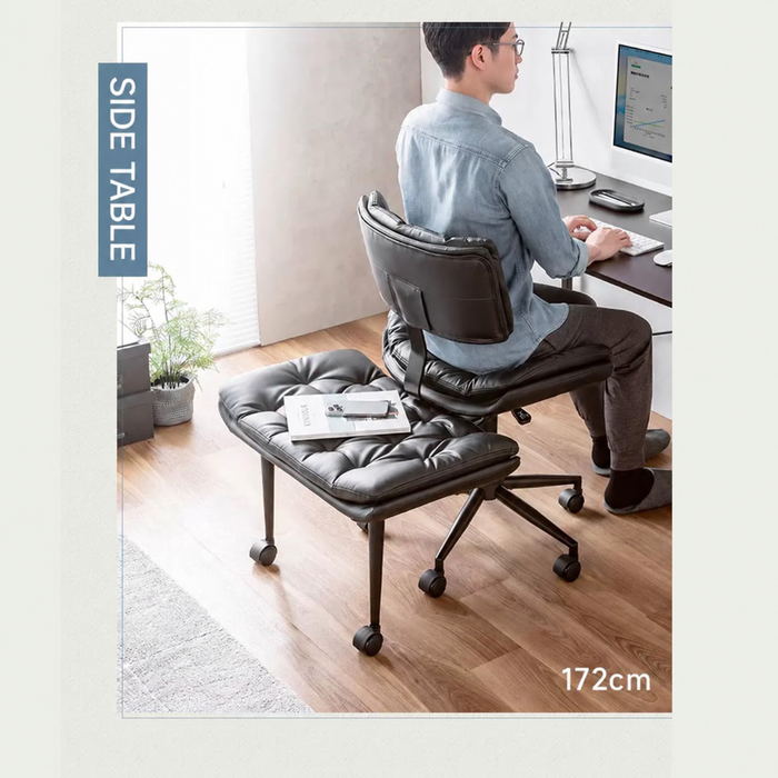 Tufted PU Leather Swivel Office Chair with Movable Footrest Black Ergonomic Desk Chair