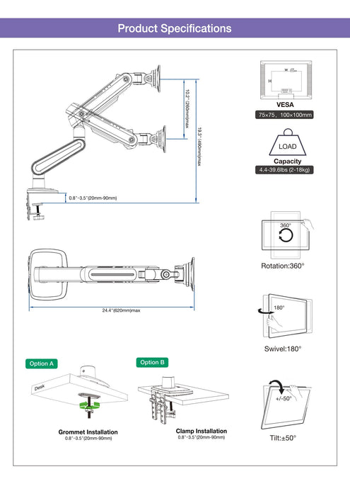 Gaming Monitor Arm – 27″–50″ Curved Screen (holds 18 kg) A6