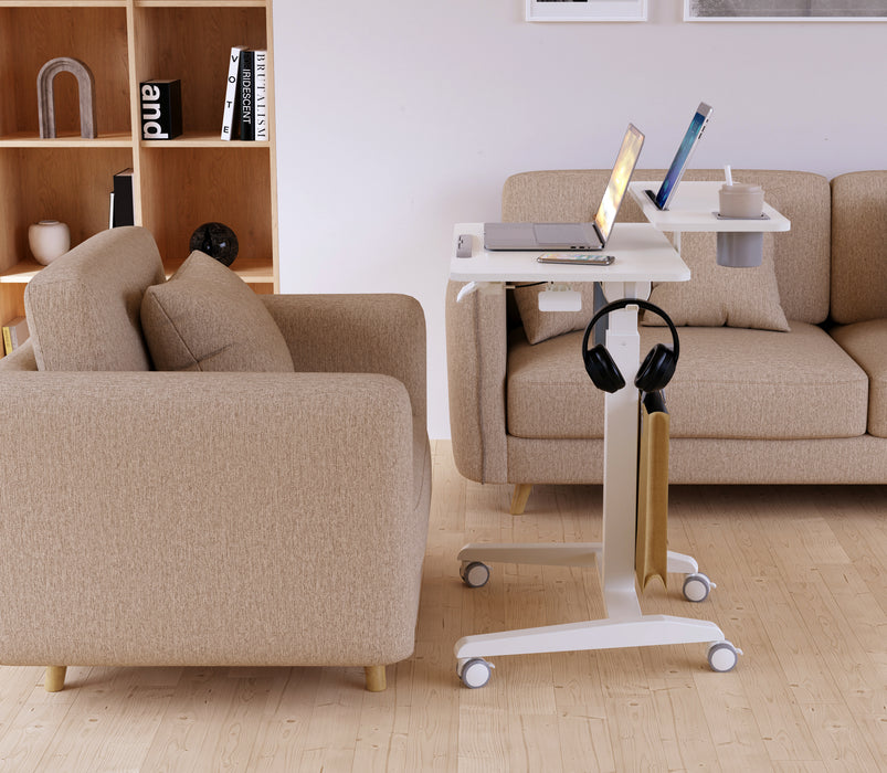GKU Mobile Rolling Dual-level Laptop Stand | Height Adjustable Sit Stand Desk with Cup Holder & Hooks White F047-FA114