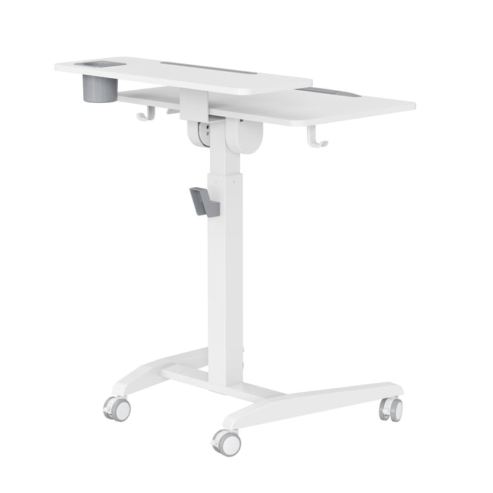 GKU Mobile Rolling Dual-level Laptop Stand | Height Adjustable Sit Stand Desk with Cup Holder & Hooks White F047-FA114