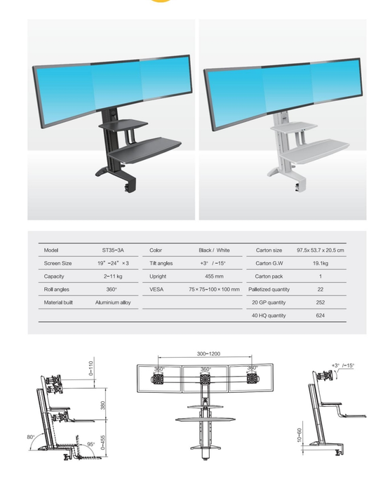 st35-3A Work station Standing TRIPLE Monior Mount Screen Sit Stand 19-24" up to 11kg