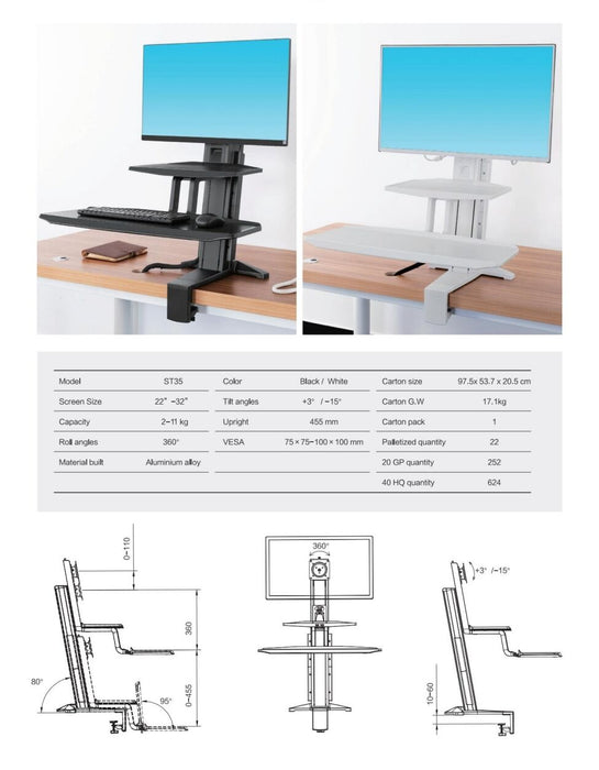 st35 Work station Standing Moniotr Mount Screen Sit Stand 22"-32" up to 11kg